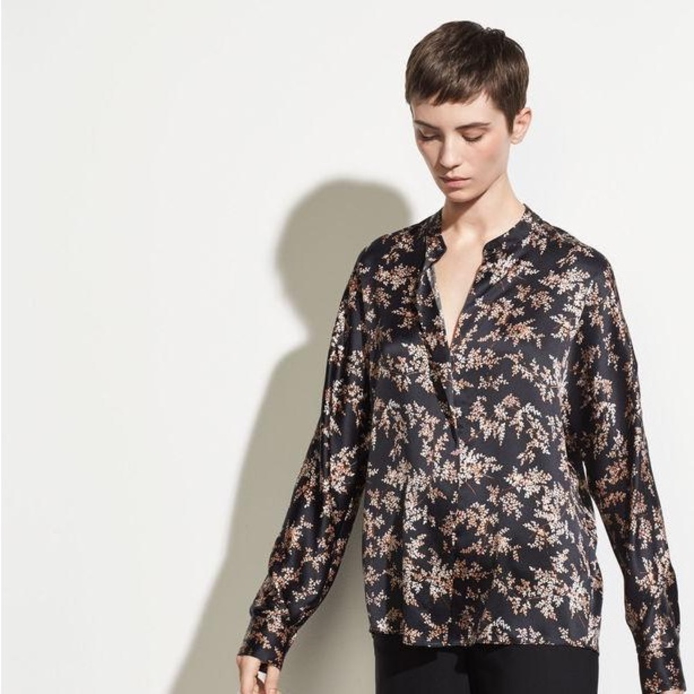 Vince Eden Branch popover black silk long sleeve shirt size small